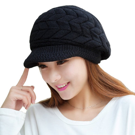 Vintage Women Winter Warm Knitted Hat Cold Weather Running Camping Walking Fashion Skiing Cap with Sun Visor