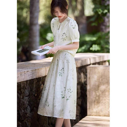 Spot New Chinese Style National Style Printed Set Women's Summer Elegant Temperament Texture Top Skirt Two-Piece Set
