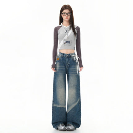 American Retro Washed Distressed Wide-Leg Jeans for Women Summer New High-Waisted Loose Versatile Fashion Straight Pants