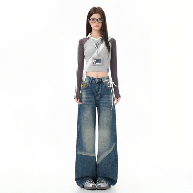American Retro Washed Distressed Wide-Leg Jeans for Women Summer New High-Waisted Loose Versatile Fashion Straight Pants