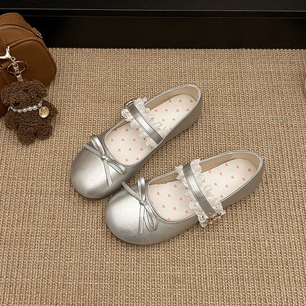 French Silver Mary Jane Shoes for Women 2025 Spring New Style Bow Shallow Mouth Fairy Evening Breeze Gentle Flats Shoes