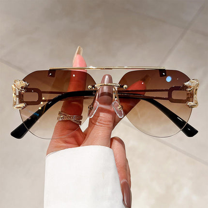 Cross-Border Rimless Toad Mirror Driving Sunglasses Leopard Sunglasses European and American Retro Cut-Edge Double-Beam Sunglasses for Men and Women
