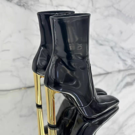 Nazha's Same Style Patent Leather High-Heeled Short Boots for Women 2025 New Autumn and Winter Side Zipper Square Toe Chunky Heel Black Fleece Boots