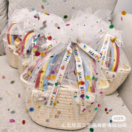 Cute Rainbow Portable Small Bag Women's New Arrival Handmade Cotton Women's Bag Straw Woven Bag Hand Gift Box Bag Beach Bag
