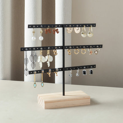 Solid Wood Iron Earrings Display Rack Golden Vertical Three-Layer 52 Hole Golden Earrings Storage Rack Earrings Display Rack