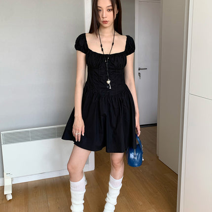 Dorothy Summer New French Style Romantic Little Black Dress with Line Collar and Lantern Sleeves Slimming Ballet Style dress Women