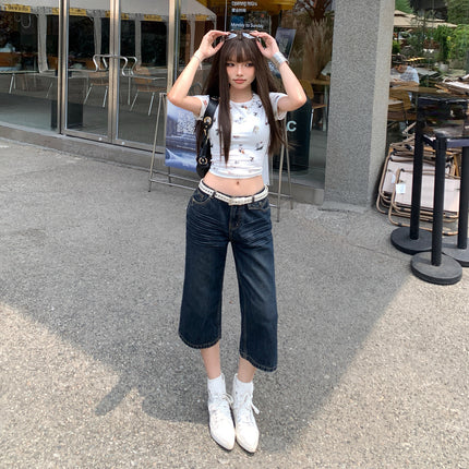 Raccoon House # American Lightning Crack Straight Jeans for Women Summer New Low-Waist Loose Hot Girl Versatile Cropped Pants