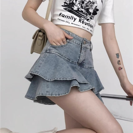 High Waist Fashionable Hot Girl Ruffled Denim Cake Skirt Short Skirt Women's Summer Design Sense Niche A- line Pants Skirt