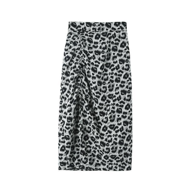 Slit Leopard Print Skirt Women's Summer 2021 New High Waist Slim Smocked Floral A-line Mid-length Hip Skirt