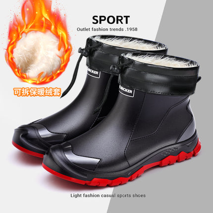 Chinese Style Black and Red Short Waterproof Boots Eco-Friendly Rain Boots Chinese Trend Outdoor Black Dirt-Resistant Anti-Fouling Large Size Unisex Wading Shoes