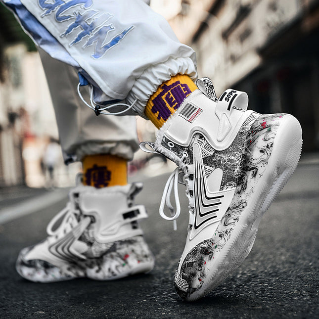 sneakers cross-border plus size graffiti luminous student sneaker northeast trend fleece-lined thick high-top large cotton shoes