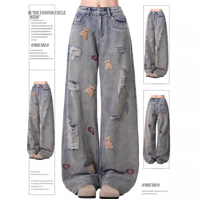 Fun Cartoon Bear Embroidered Ripped Jeans for Women Retro Washed High Waist Slim Loose Floor-Length Wide Leg Pants