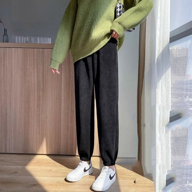 Corduroy sports pants for women fleece-lined thickened 2024 autumn and winter high waist ankle-tied loose slimming pants ins casual pants