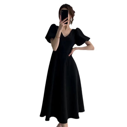 Large Size Chubby Girl French V-neck Hepburn Style Wine Red Dress Women's Summer Puff Sleeve Slim Belly Covering Long Dress