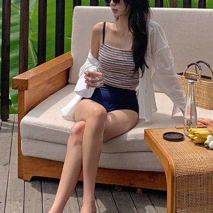 Korean New Style Split Swimsuit for Women, Striped Straps, Small Breasts, Conservative High Waist, Belly-Covering Bikini, Hot Spring Swimsuit
