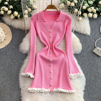 French-Style Autumn and Winter New V-Neck Long-Sleeve Knit Dress, Can Be Worn as an Inner Layer or Outerwear, Little Black Dress, Slim-Fitting Sweater Dress