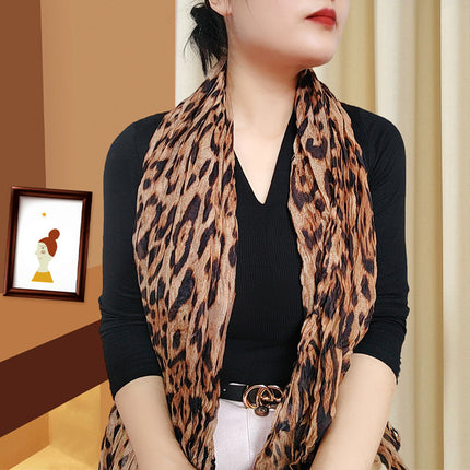 Spring and Summer Cotton Linen Pressed Pleated Leopard Scarf Women Autumn and Winter New Stylish Fashion Beach Scarf Shawl