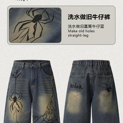 Cross-Border Popular Source | Hand-Painted Spider Denim Shorts Men's Summer Loose Retro Distressed Blue Straight-Leg Trousers