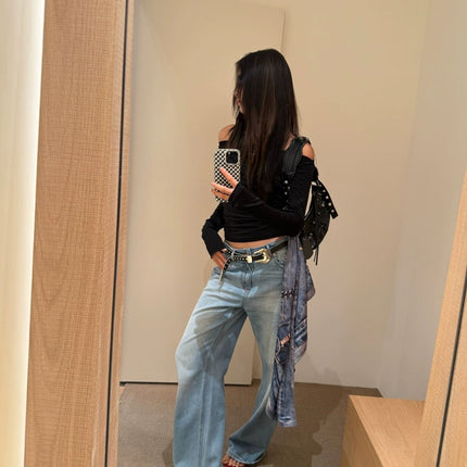 Sunoneoe American Retro Blue Loose Jeans Women's Summer New Casual Straight Pants for Small People