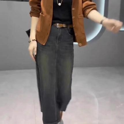 Pear-Shaped Figure Niche Slit Hip-Covering Skirt 2025 Early Summer New Large Size Hepburn Style Denim Skirt