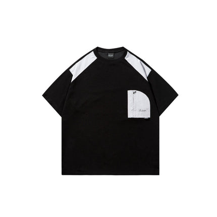 2025 Summer New Japanese Retro Casual Color-Blocking Patchwork Zipper Pocket Unisex Loose Versatile Short Sleeve