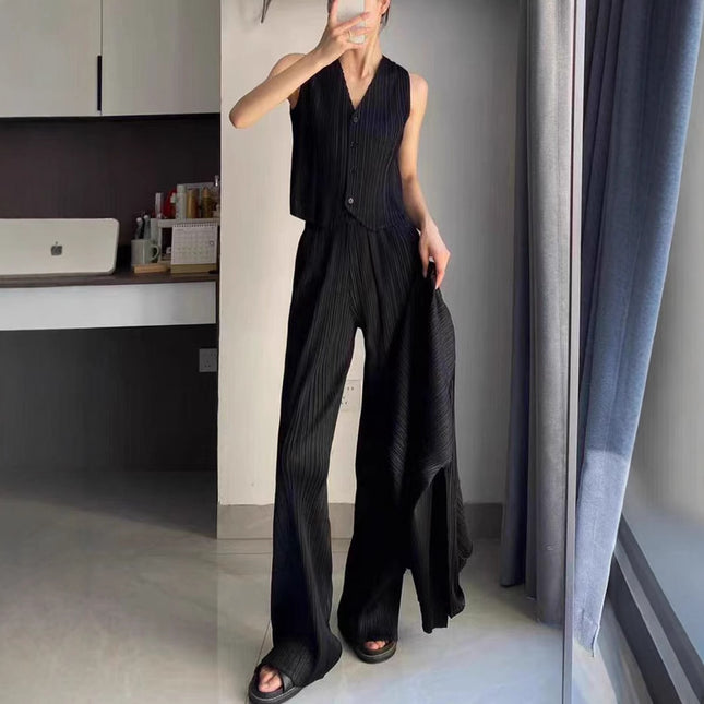 Summer Fashion Suit for Women, High-End and Elegant, a Complete Set of Three-Piece Vest, Pleated Straight Pants, Two-Piece Set