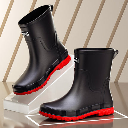 Winter Warm Men's Rubber Shoes British Waterproof Drawstring Rain Shoes Mid-barrel Outdoor Fashion Belted Rubber Shoes Non-slip Fishing Shoes