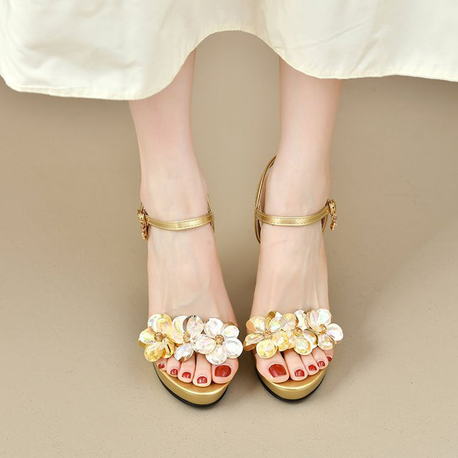 Women's Flower Buckle Sandals Open Toe Low Heel Retro Velcro Gold Black Size 35-40 / Sandales Femme Boucle Fleur Bout Ouvert Talon Bas Rétro Velcro Or Noir Pointure 35-40