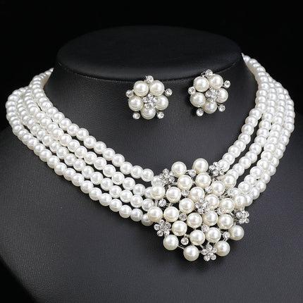 Cross-border Jewelry suit Women's Multi-row Pearl Necklace Earrings Three-piece Bridal Wedding Dress Accessories All-match Factory