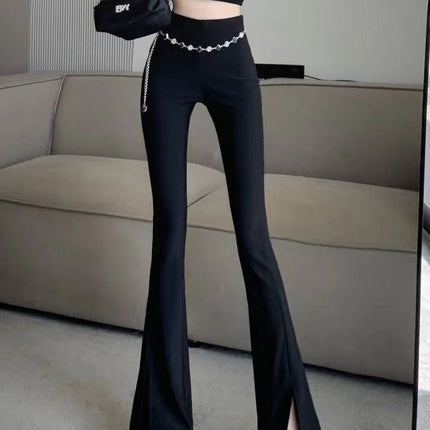 Design sense of chain split pants female 2023 spring and summer new hot girl high waist thin all-match