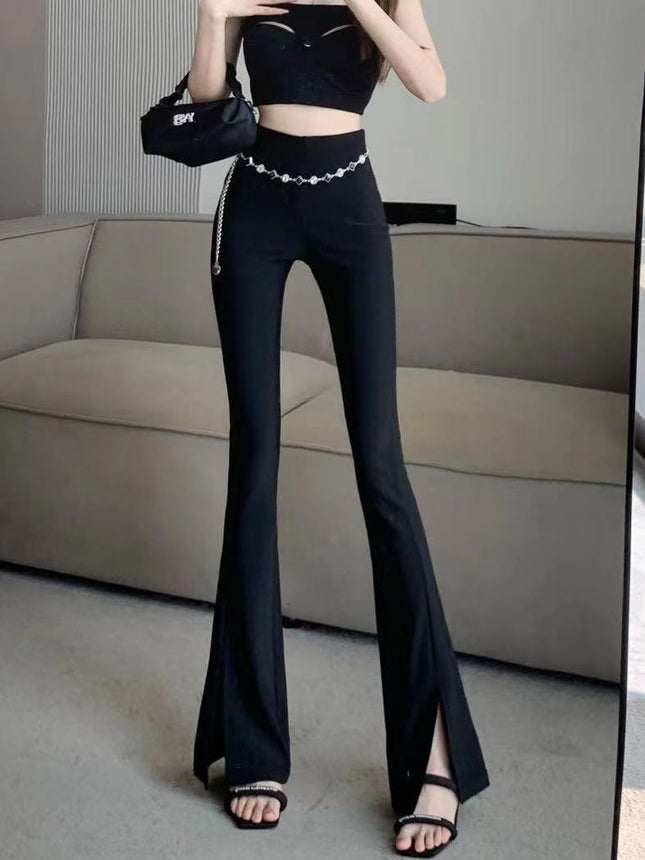 Design sense of chain split pants female 2023 spring and summer new hot girl high waist thin all-match