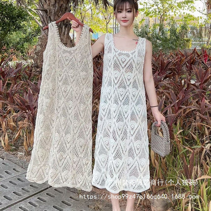 Green Lace Hollow-out Knitted Sleeveless Vesset Dress Women's Striped Cardigan dress Outer Layover Blouse Mid-length