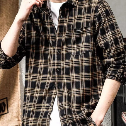 2023 Spring and Autumn New brushed Japanese Plaid lapel shirt men's long sleeve loose men's retro shirt coat men