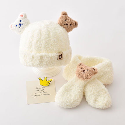 Autumn and winter children's plush bear hat scarf two-piece fleece-lined warm scarf cute plush hat baby