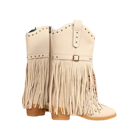 Cross-Border Tassel Thick Heel Western Cowboy Boots for Women 2025 New Autumn and Winter Retro Solid Color Mid-Calf Boots Knight Boots