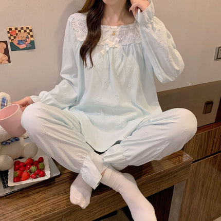 Pajamas with Breast Pads for Women, Autumn Princess Style Pullover Lace Long-Sleeved Pants, Cloud Cotton Suit, Girl's Home Clothes