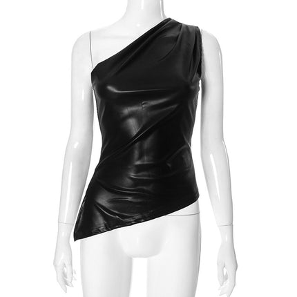 2024 autumn new fashion temperament slant shoulder irregular tight figure leather pleated vest T-shirt top
