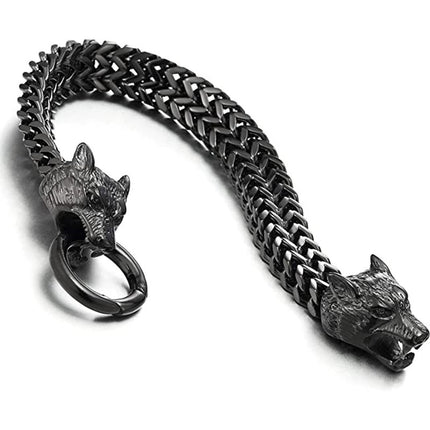 European and American Popular Stainless Steel Retro Stylish Viking Wolf Head Bracelet Wolf Head Franco Link Chain Bracelet for Men