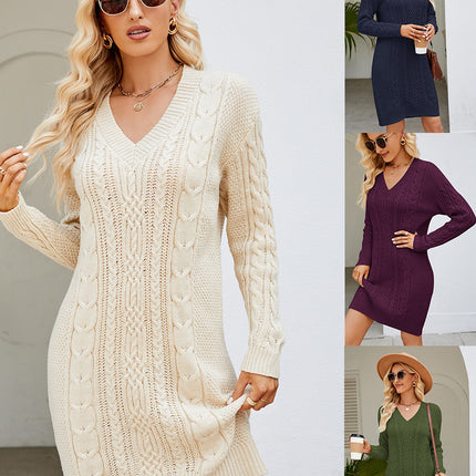 Cross-Border European and American Clothing Pure Color V Neck Long Sweater Dress Autumn and Winter Fashion Elegant Cable Bottoming Knitted Dress