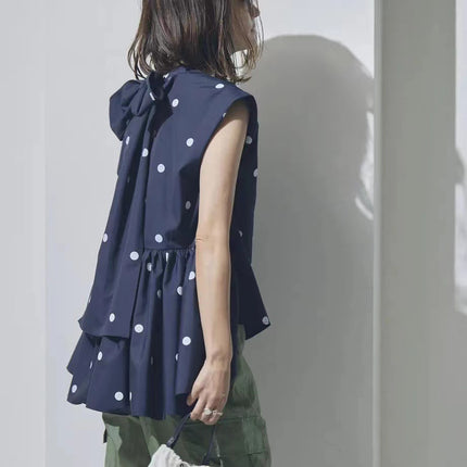 2023 New Japanese Polo Dot Irregular Back Bow Lace Short Sleeve Shirt