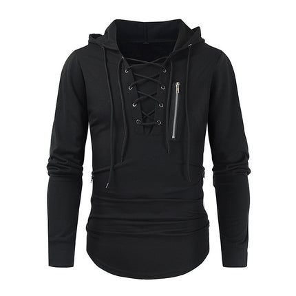2025 Men's Spring and Autumn Hoodie Solid Color Lace-Up Zipper Pocket Sports Streetwear Hooded Sweatshirt