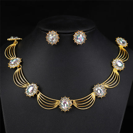 Cross-Border Gemstone Necklace, Artistic Retro Medieval Court Jewelry, Fan-Shaped Aesthetic Internet Celebrity Style Necklace and Earrings Set