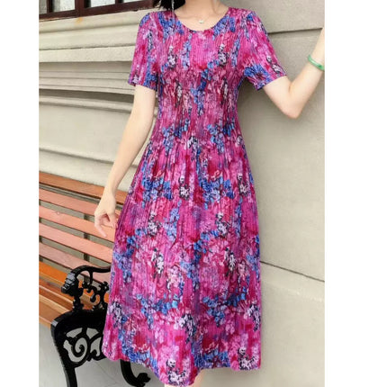 Miyake pleated 2025 summer new temperament round neck printed pleated skirt fashion waist thin magic dress