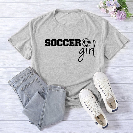 Amazon cross-border foreign trade soccer girl printed women's round neck top T-shirt summer casual European size plus size