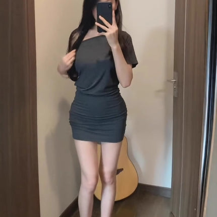 Charcoal Gray Slanted Shoulder Short-Sleeved Hip-Hugging Skirt Summer New Pure Desire One-Shoulder Sexy Off-Shoulder Slimming Waist Dress
