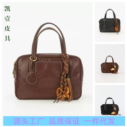 Zhao Zhaoyi's Same Style Shicatang Sugar Cube Bowling Bag, First-Layer Vegetable-Tanned Cowhide Leather Handbag, Crossbody Shoulder Bag, Small Square Bag