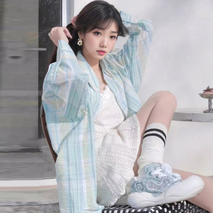 Fresh Mint Green Shirt Women's Summer Mid-length Loose Sun-protective Shirt Long-sleeved Lazy Style Plaid Shirt Thin Jacket