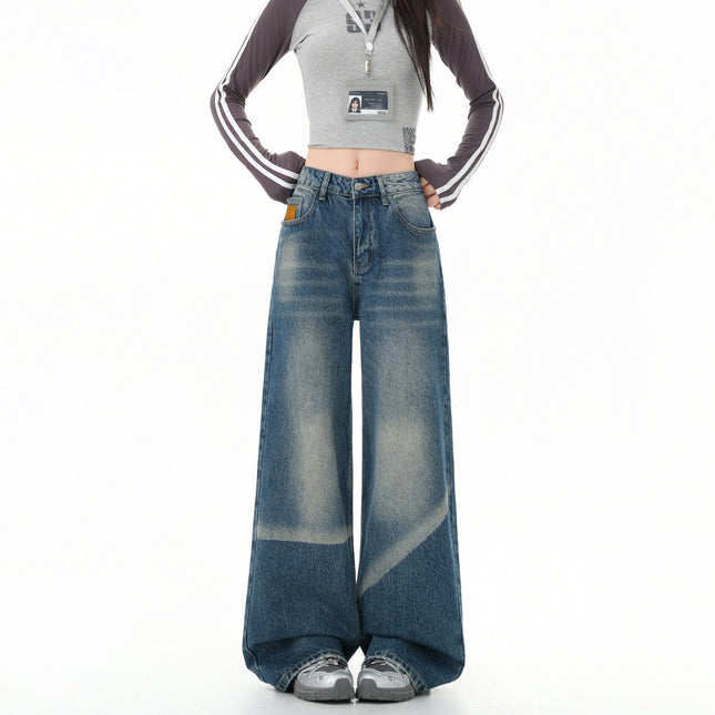 Vintage Blue Versatile Wide-Leg Jeans for Women 2025 Autumn New Straight Loose High-Waisted Slimming Floor-Length Pants