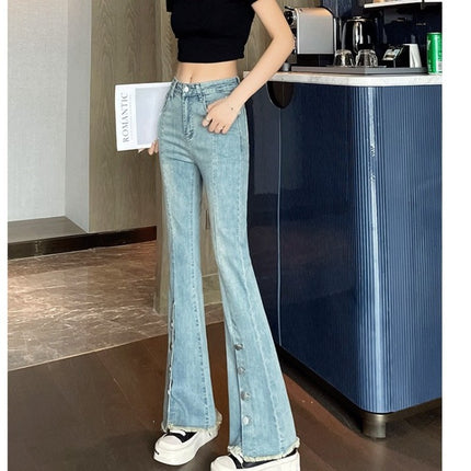 Stretch Split Micro Lar Jeans Women's Fashionable All-match New Arrival Cuff Button Design High Waist Slimming Trumpet Pants