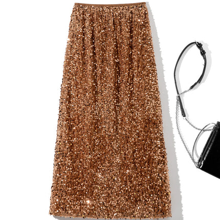 B1677 2025 Autumn New Fashion Sequin Stretch Bodycon Skirt, Figure-Flattering Back Slit Pencil Skirt